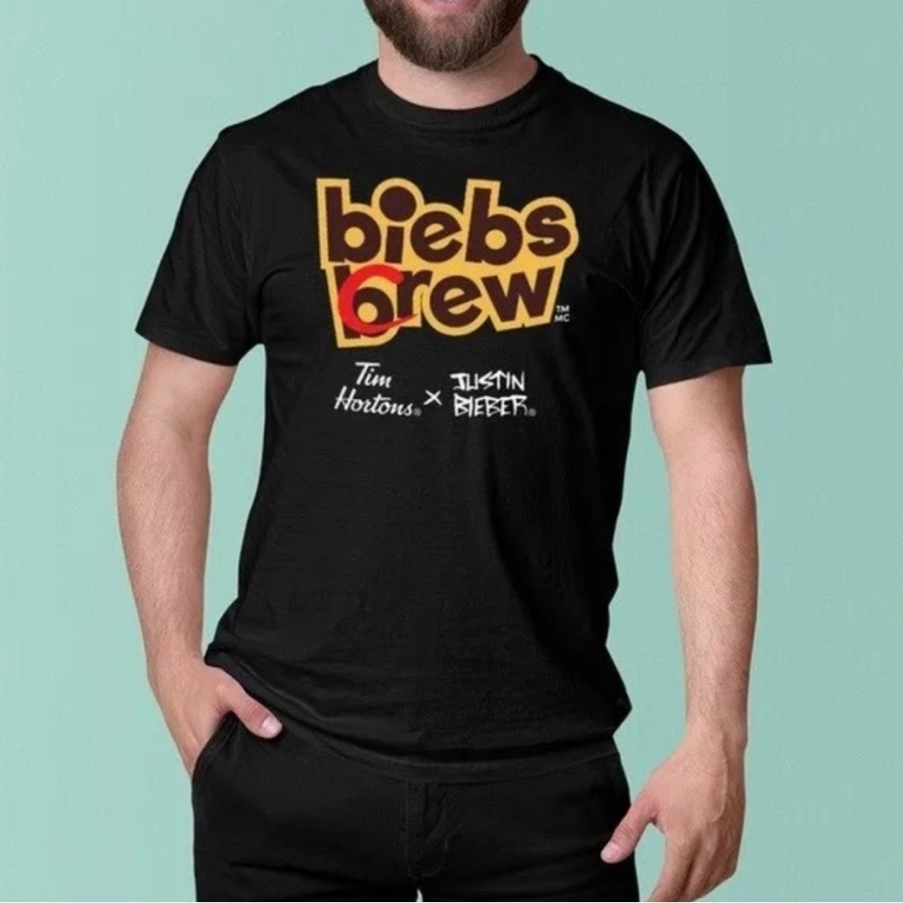 Biebs Brew Crew T-Shirt Justin Bieber Tim Hortons Staff Issued Black Sz. M